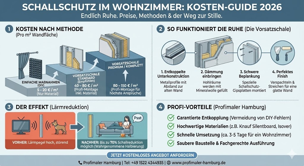 Schallschutzdämmung im Wohnzimmer Kosten 2026: Der ultimative Ratgeber 1 Infografik Schallschutz Wohnzimmer Kosten 2026 Guide